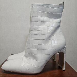 Miista Marcelle White Croc Embossed Leather Boots Square Toe Block Heel Sz 37